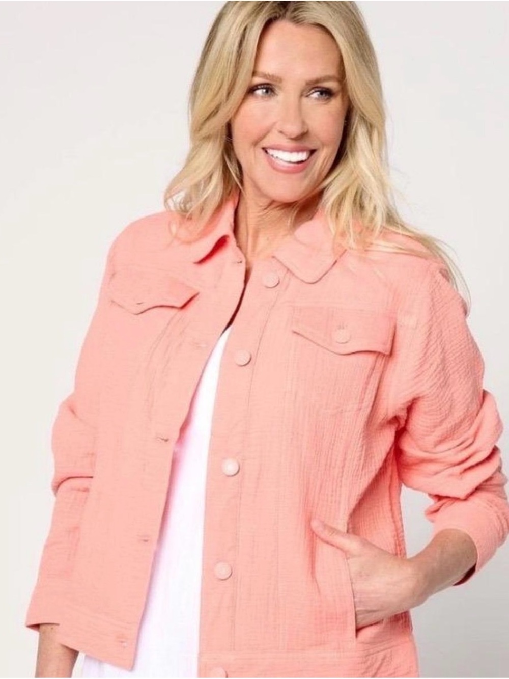 EUC Isaac Mizrahi 💯 Cotton Bridgehampton Coral-Pink Textured Button Jacket